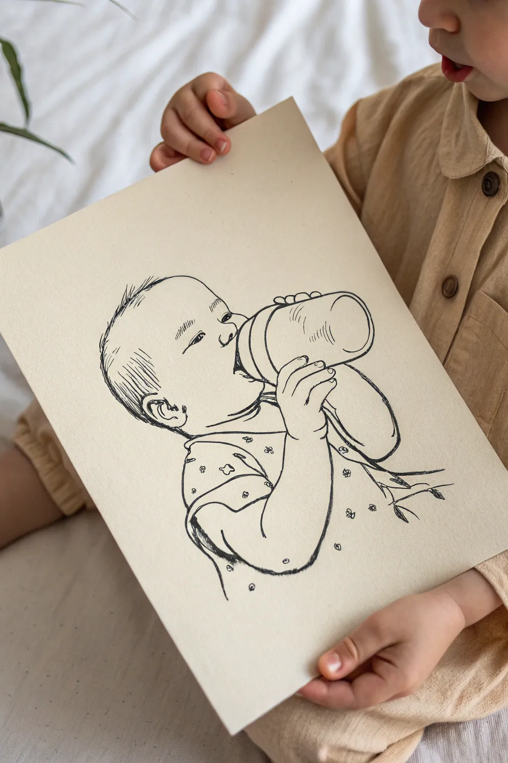 Minimalist line drawing of a baby with pacifier, clean curves and soft Scandinavian calm.