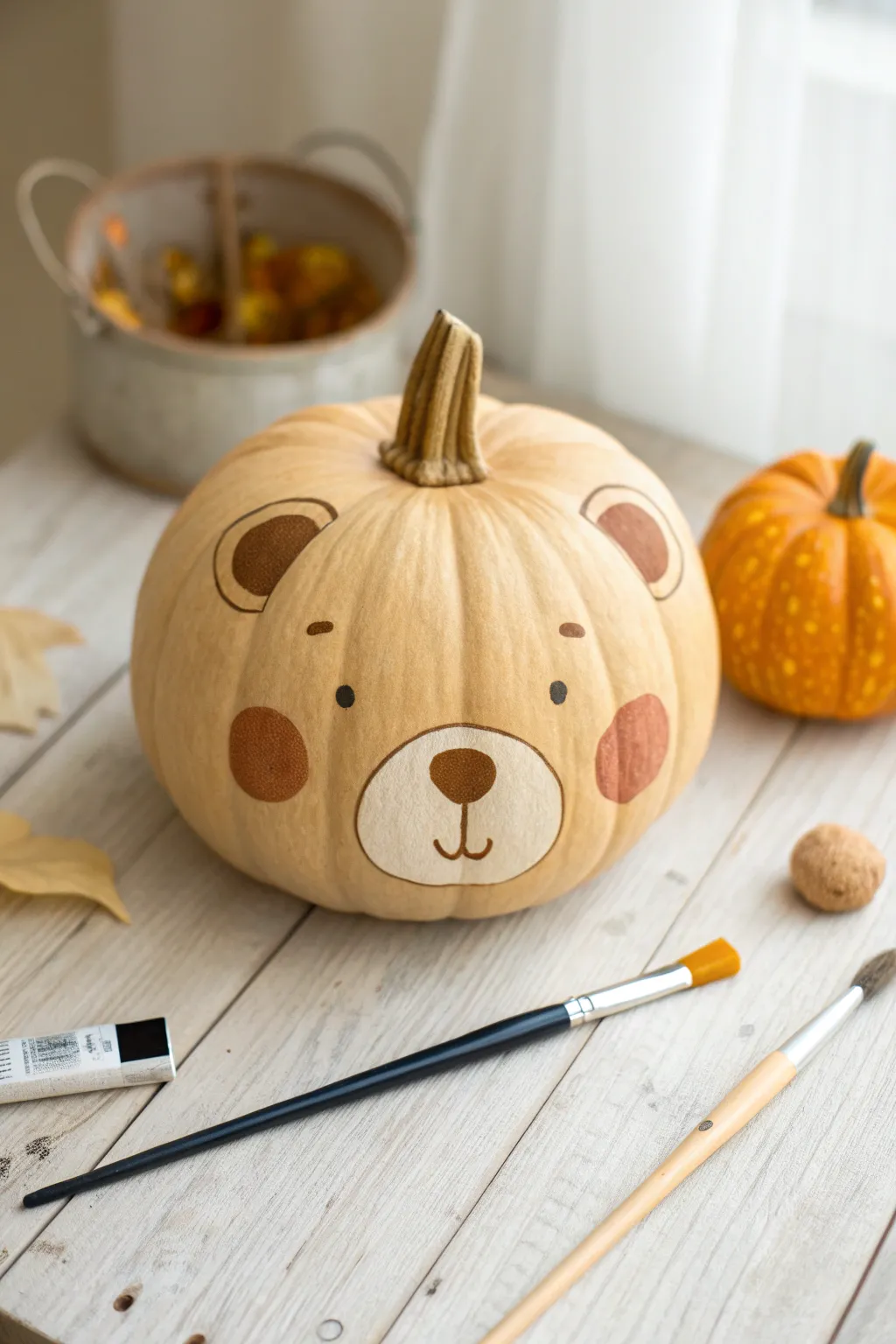 Warm tan teddy bear baby pumpkin with soft oversized features in minimalist boho style