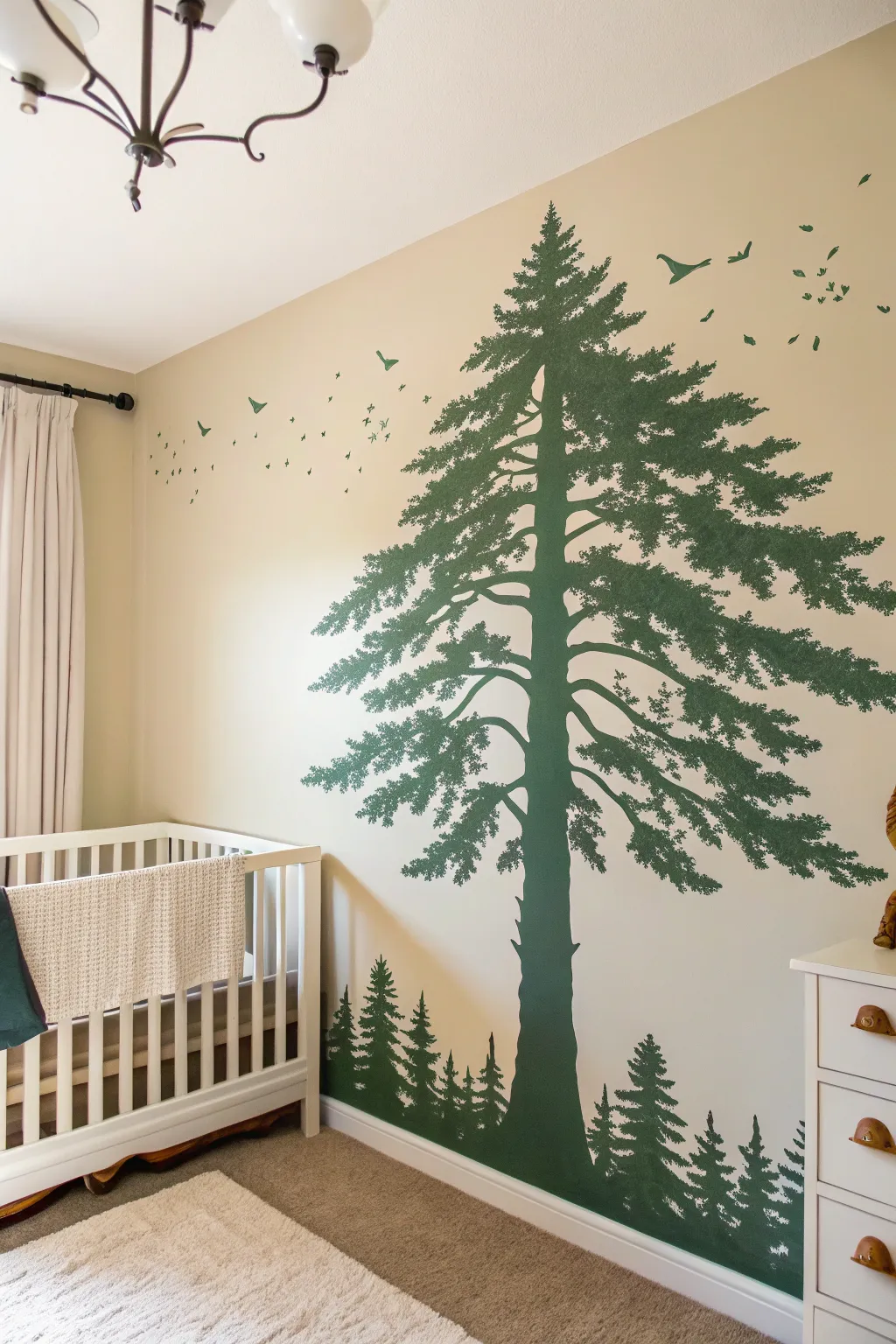 Woodland tree silhouette mural in deep green brings cozy, minimalist nursery warmth.