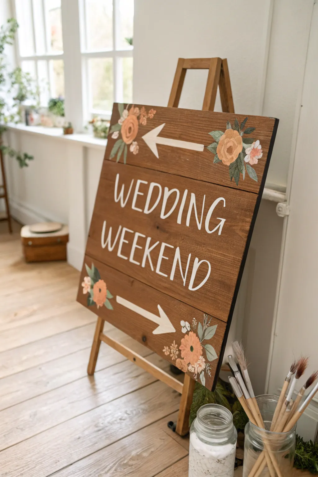 Wedding weekend sign painting idea: rustic arrow sign, brushes nearby, bride tribe softly blurred