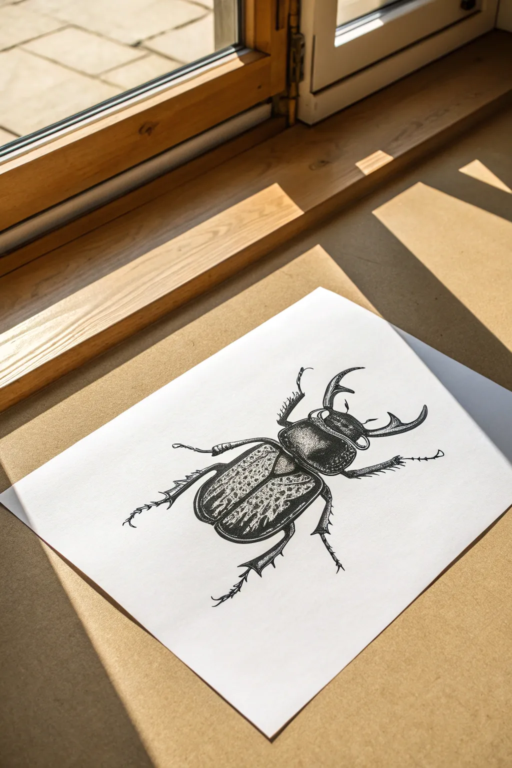 Try a bold ballpoint beetle macro: patterned wings, dense hatching, and glossy dark contrast.