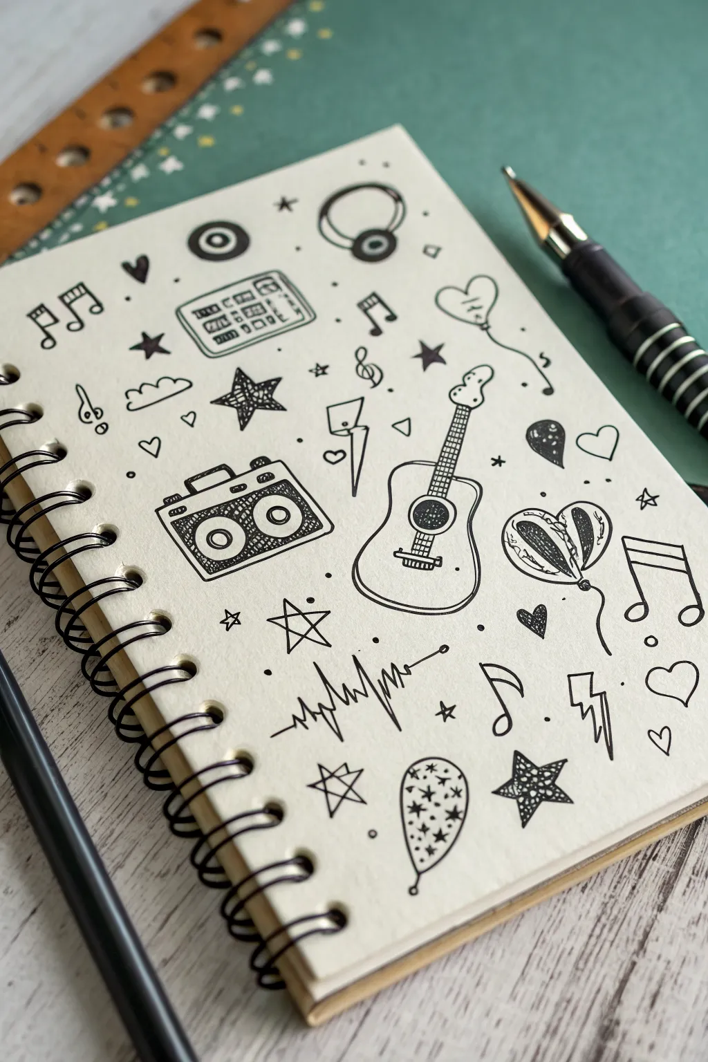 Chaotic band doodle page: amps, drums, cables and notes in bold ink with boho accents.