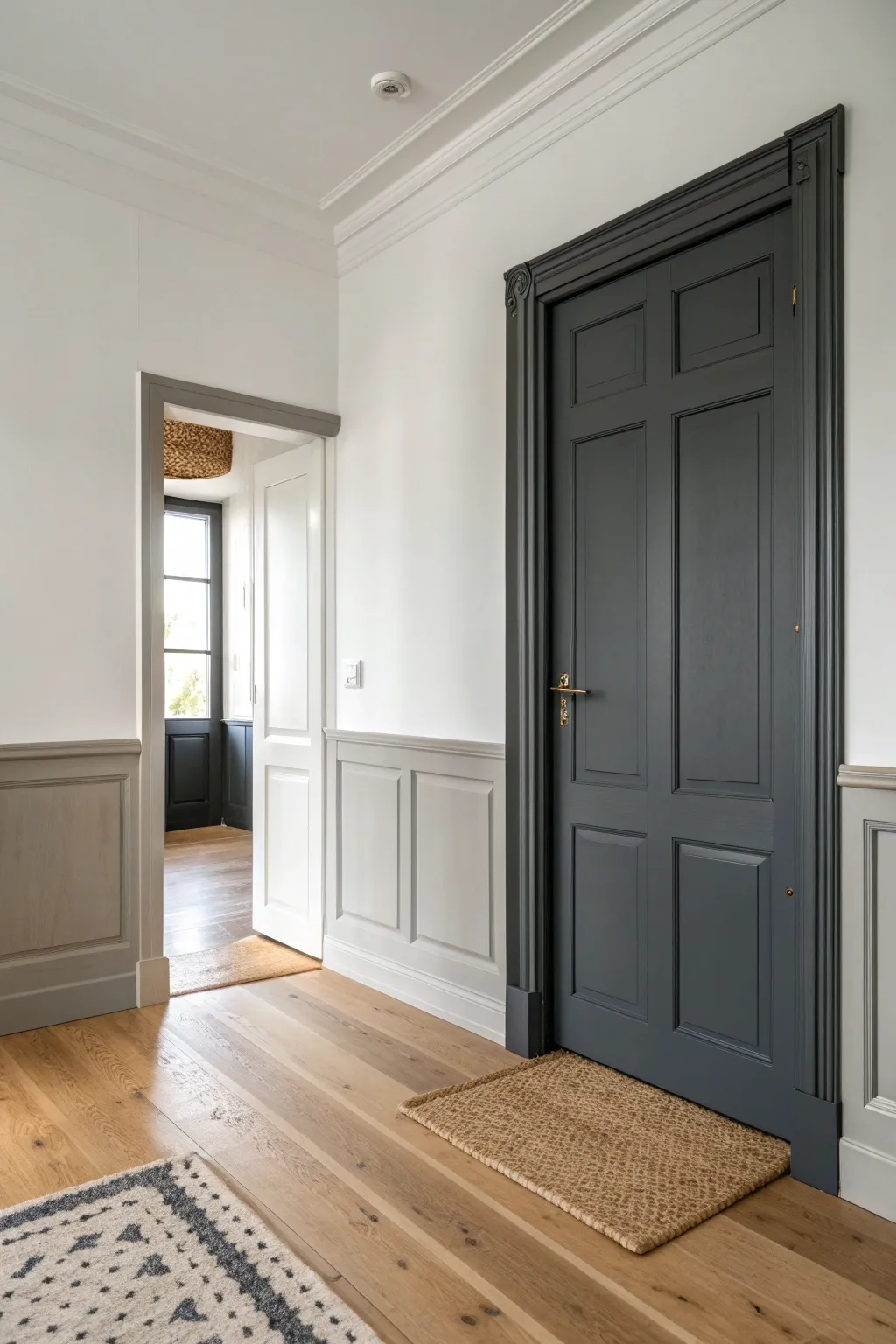 Match door and baseboards in a rich tone for crisp, intentional contrast against light walls.