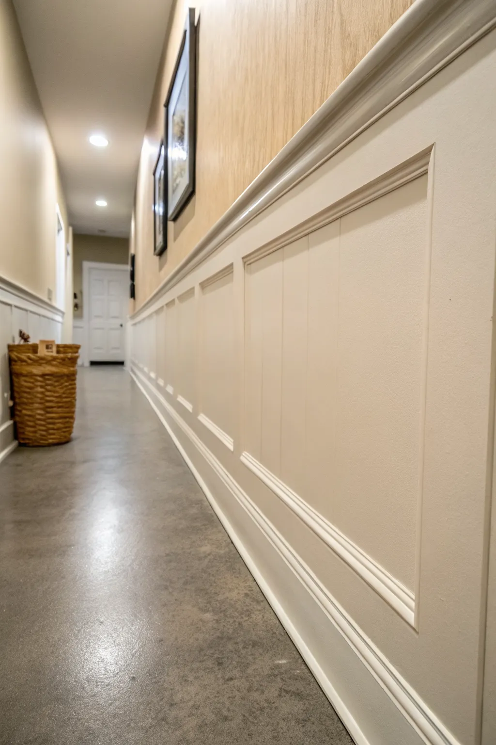 Satin-finish basement walls with a soft glow, made for busy hallways and play-zone messes.