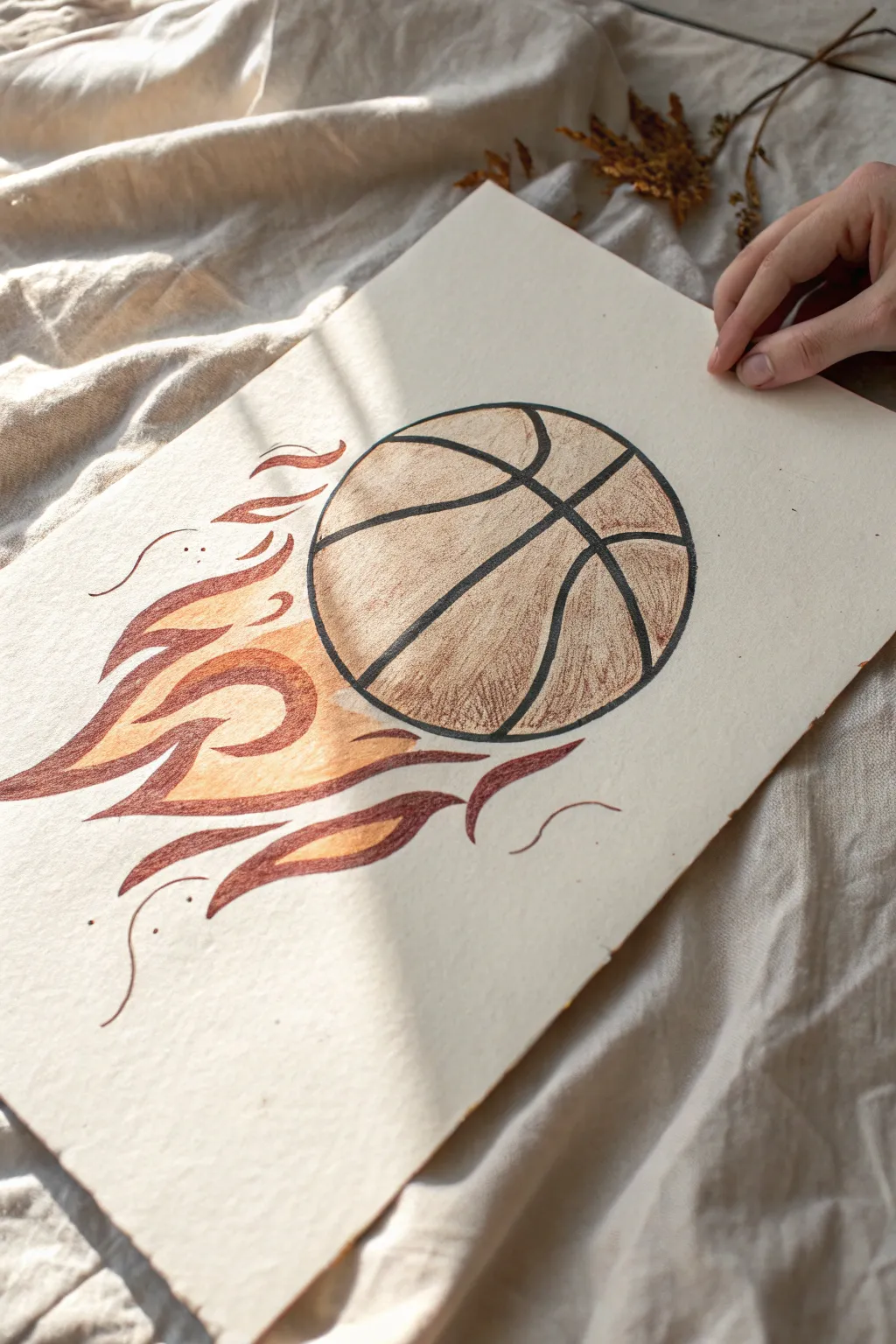 Minimalist basketball blazing with bold flames, high-contrast lines for heat, speed, and style
