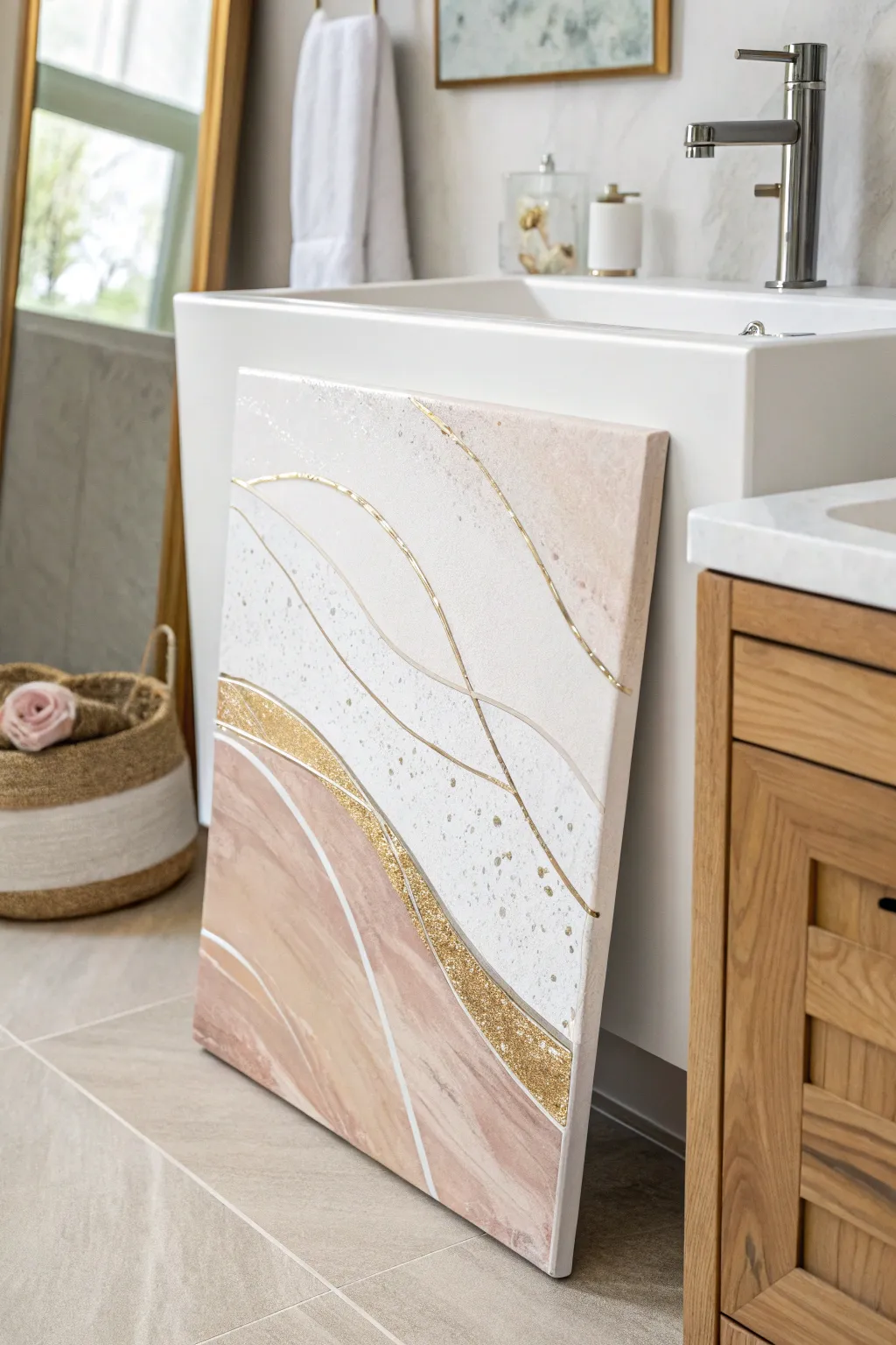 Subtle rose-gold shimmer on sealed abstract canvas for calm, humidity-friendly bathroom decor.