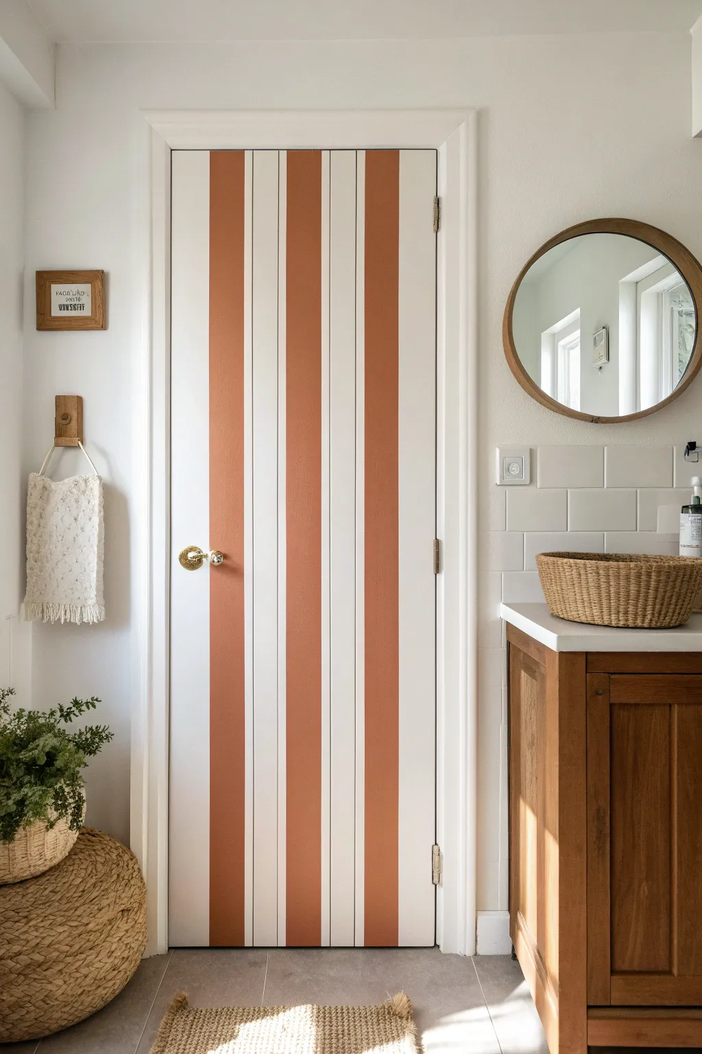 Clean graphic stripes make a minimalist bathroom door feel modern, calm, and handcrafted.