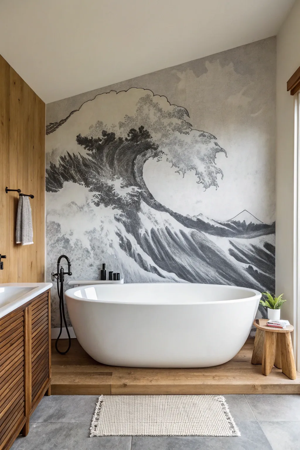 Monochrome ink-wash wave mural turns a minimalist bathroom into a calm, gallery-like retreat
