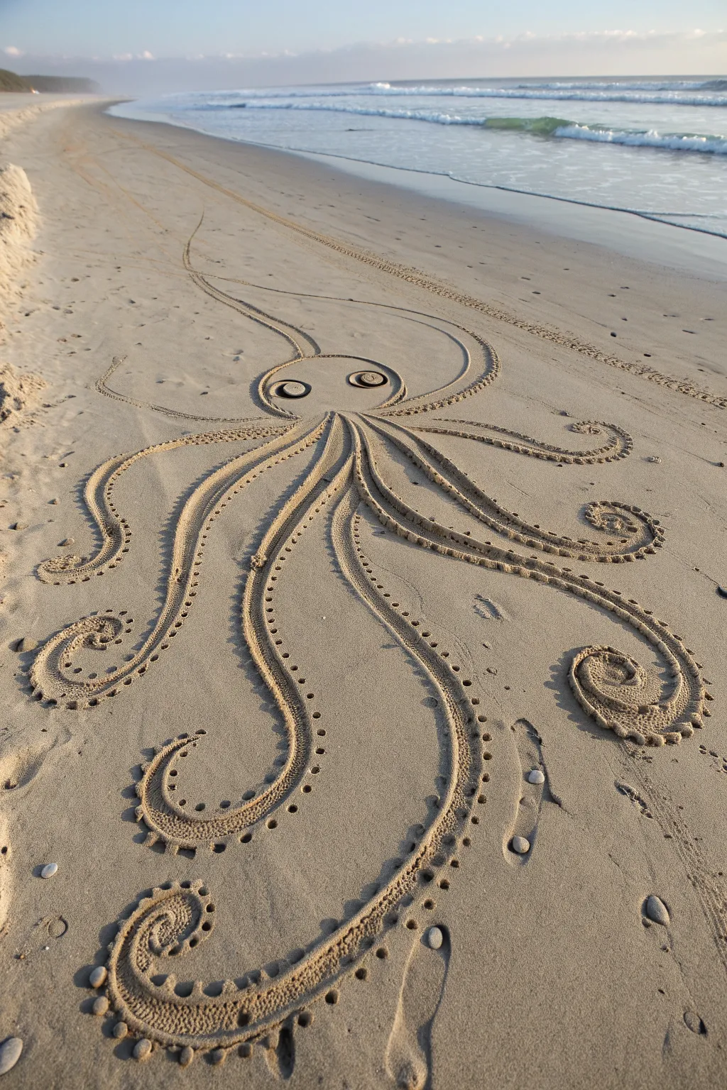 Minimal octopus sand drawing with curling arms and dotted suction cups, calm beach contrast
