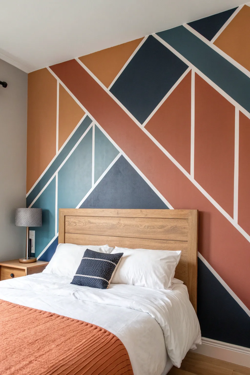 Crisp diagonal color blocks behind the bed add modern contrast while staying soft and minimal