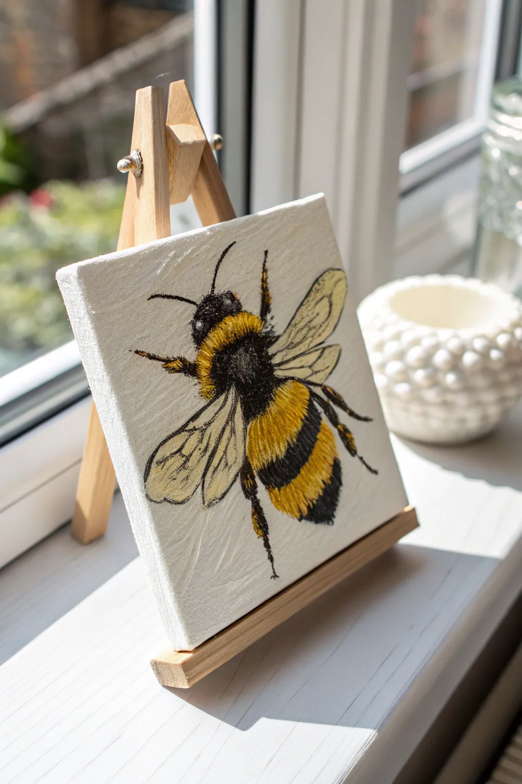 Thick impasto stripes and fuzzy texture make this minimalist bee painting pop in soft light.
