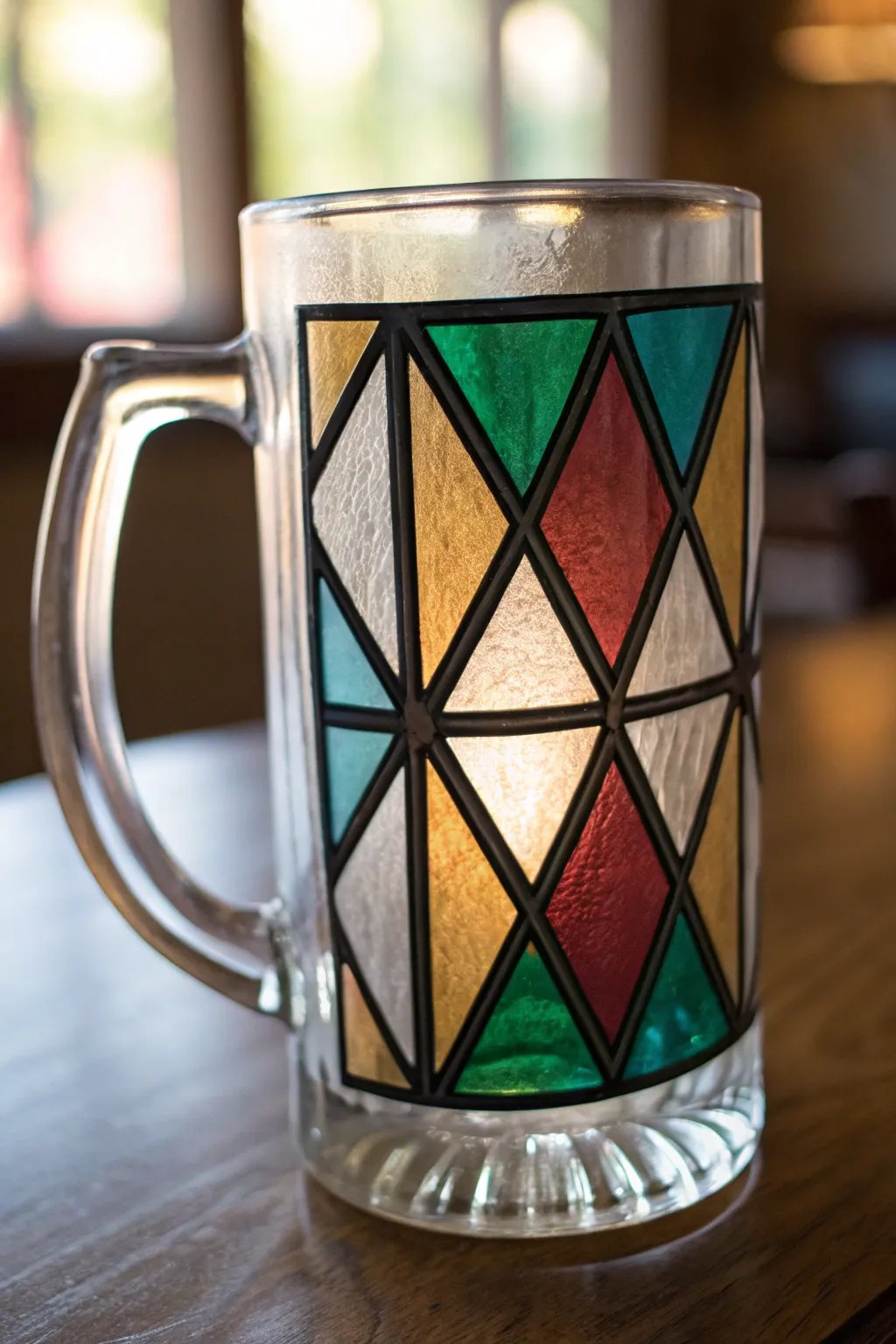 Geometric stained-glass beer mug in jewel tones, glowing light and bold black leading lines.