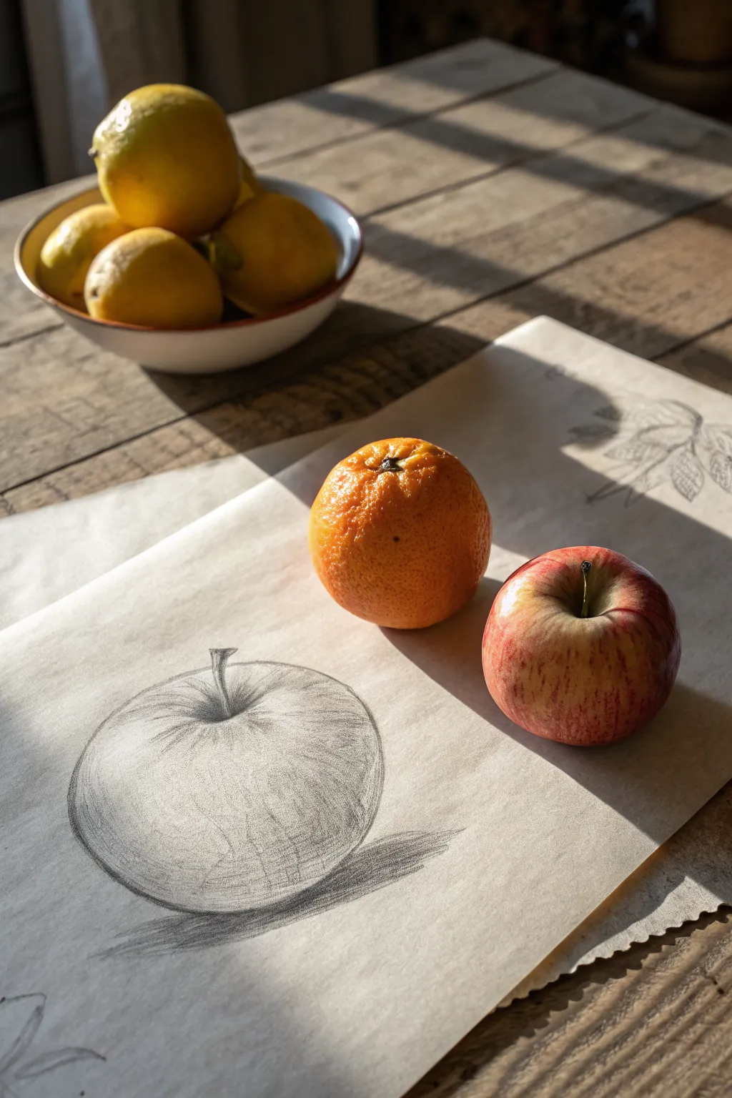 Minimal charcoal two-fruit still life with bold shadows to practice easy beginner value shading.
