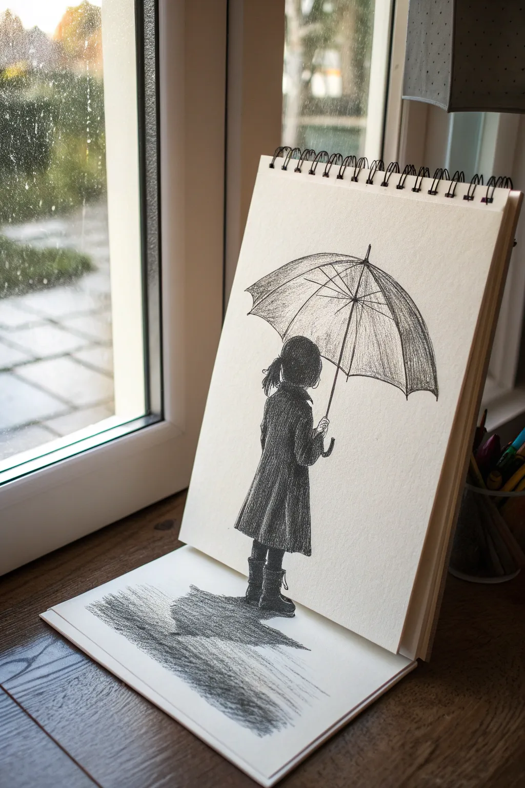 Minimal pencil silhouette: girl from behind with umbrella, bold shapes and a soft shadow