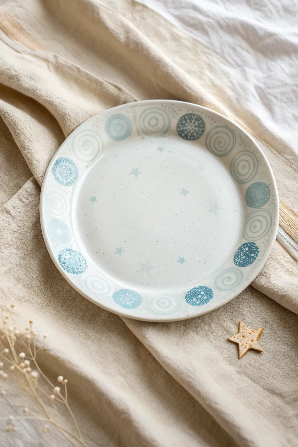Dreamy bubble-print plate background with simple stars, a sweet beginner plate painting idea
