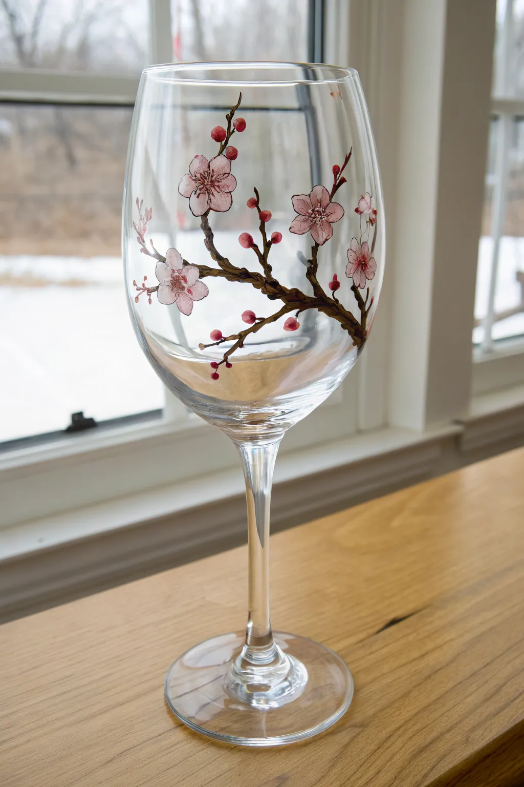 Beginner cherry blossom wine glass painting: simple branch and soft pink blooms