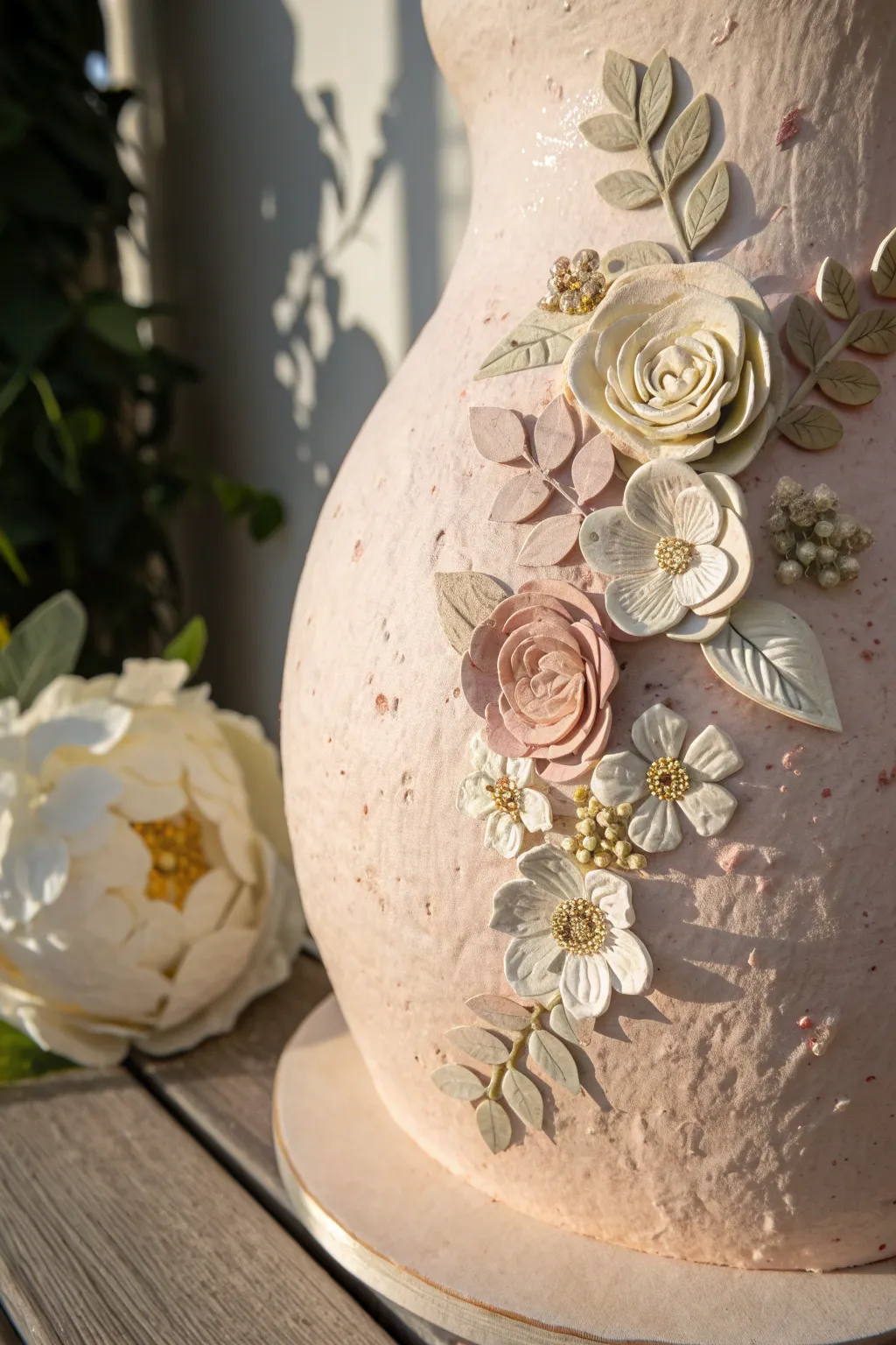 Softly painted belly cast with asymmetrical 3D paper flowers, minimalist boho depth.