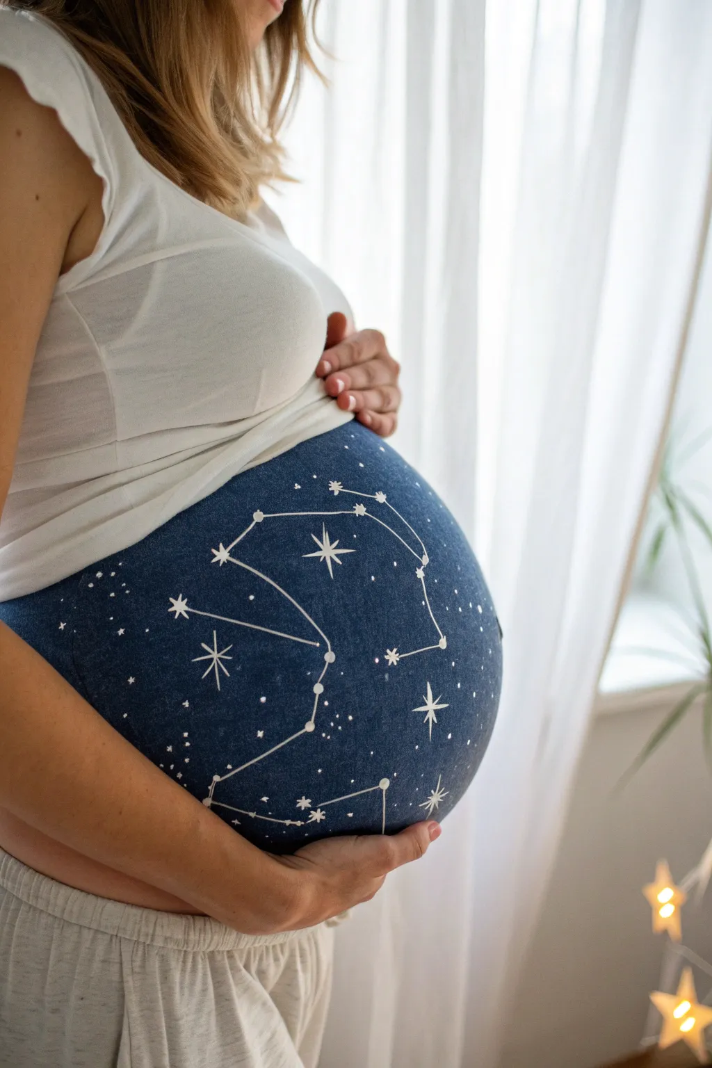Constellation belly art: deep navy sky, dotted stars, and a soft glow at the navel.