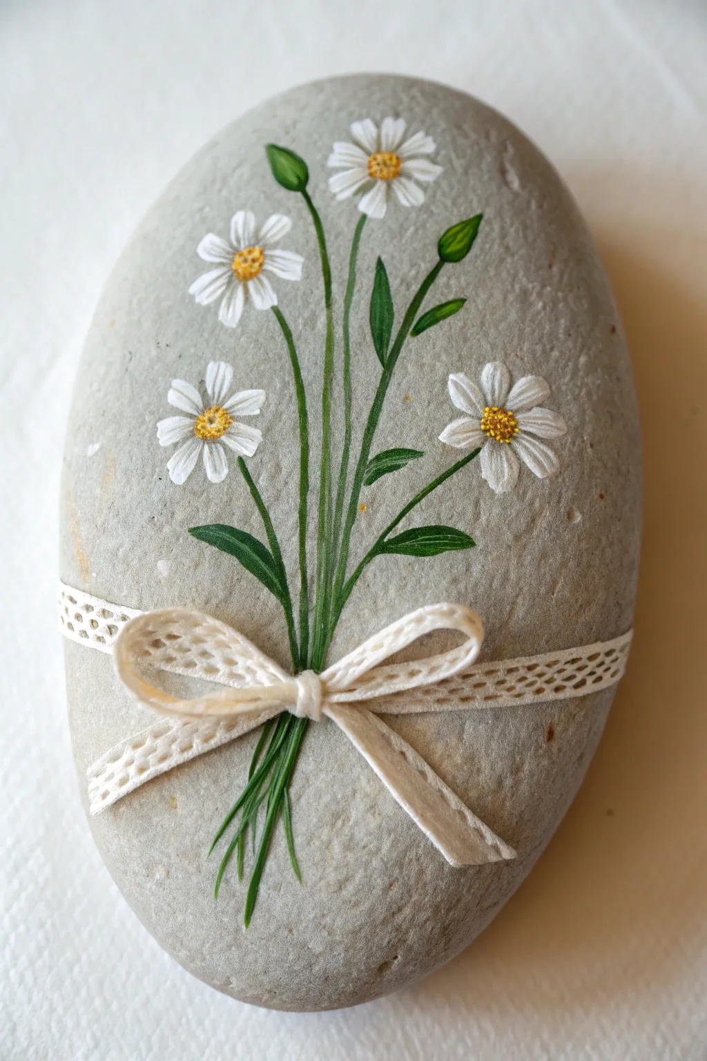 A sweet best friend keepsake: one painted rock bouquet with two birth flowers and a ribbon bow.