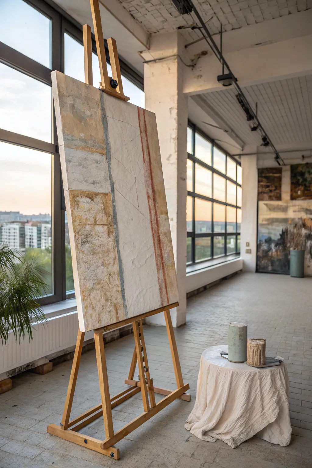 Layered collage textures and bold marks turn a minimalist big canvas into a statement piece.