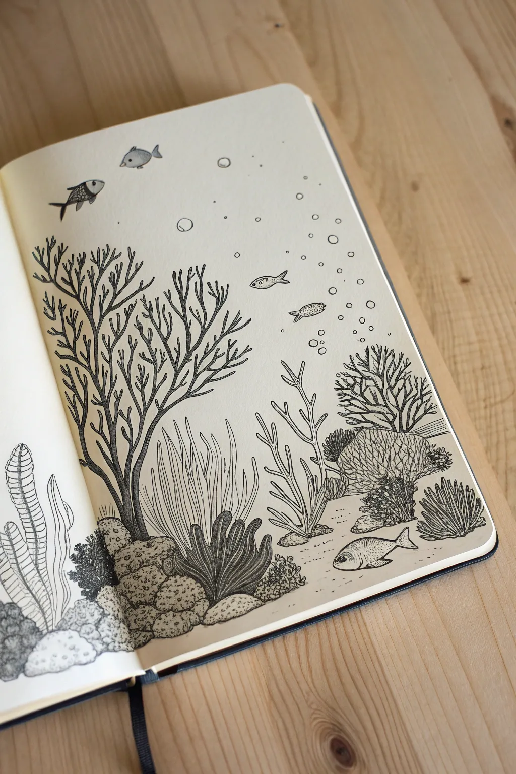 Ink coral garden study packed with textures, shells, and soft fish silhouettes for depth