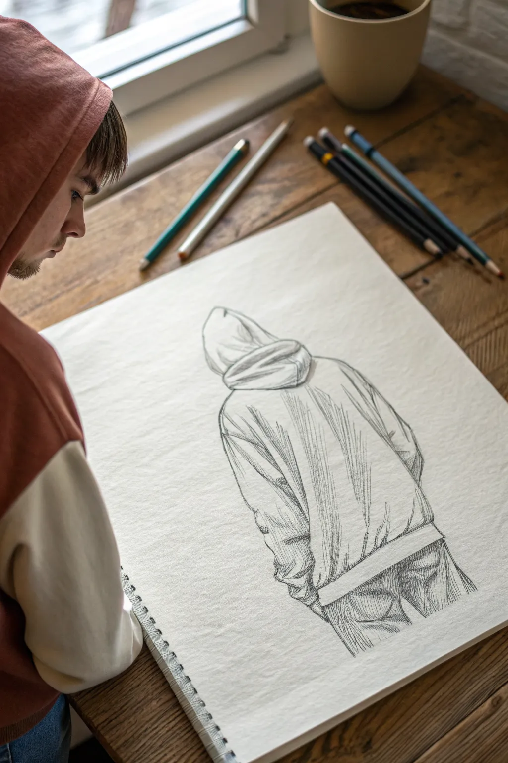 Back-view hoodie figure: bold, simple folds for big easy drawing practice with clean contrast