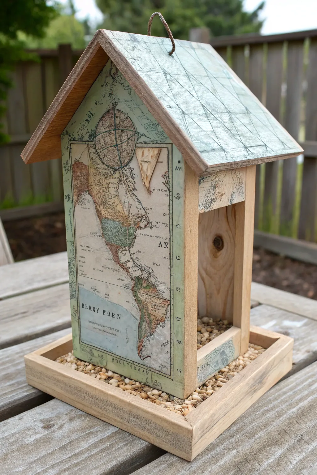 Vintage map collage bird feeder in muted tones, minimalist styling and cozy handmade charm