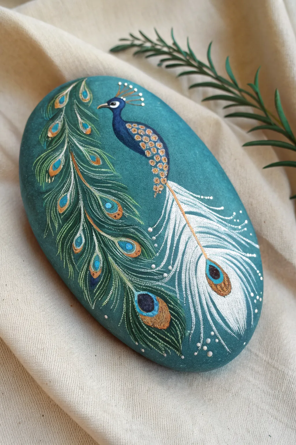Peacock painted rock with metallic accent feathers, minimal boho styling and crisp detail