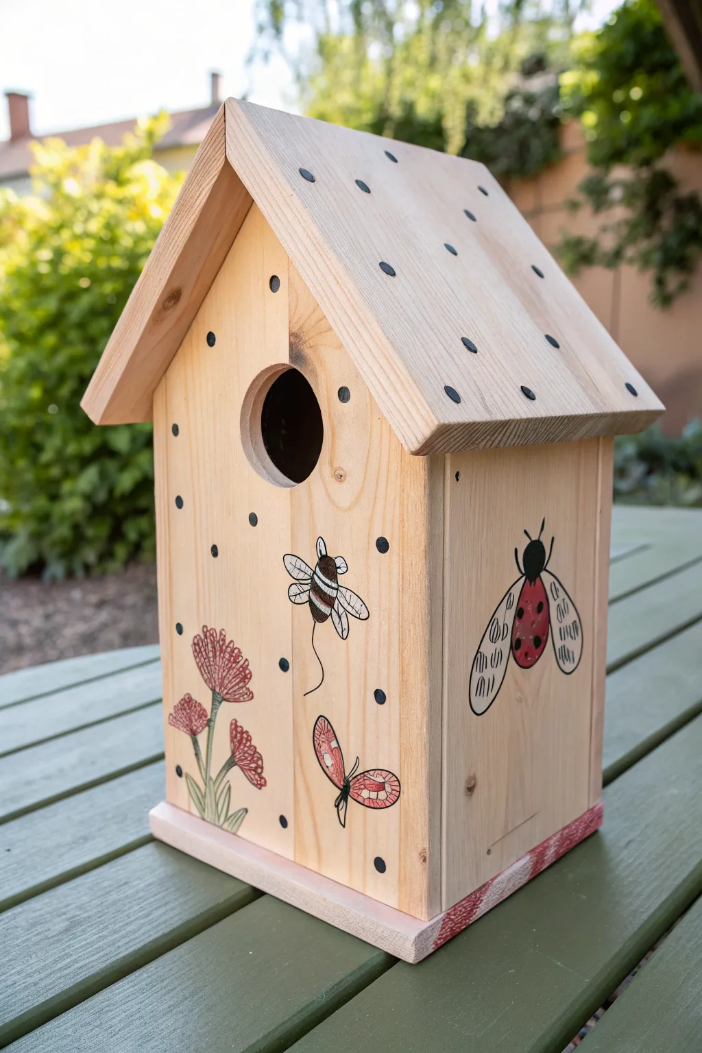 Sweet fingerprint ladybugs, bees, and butterflies on a minimalist birdhouse for kids to paint.