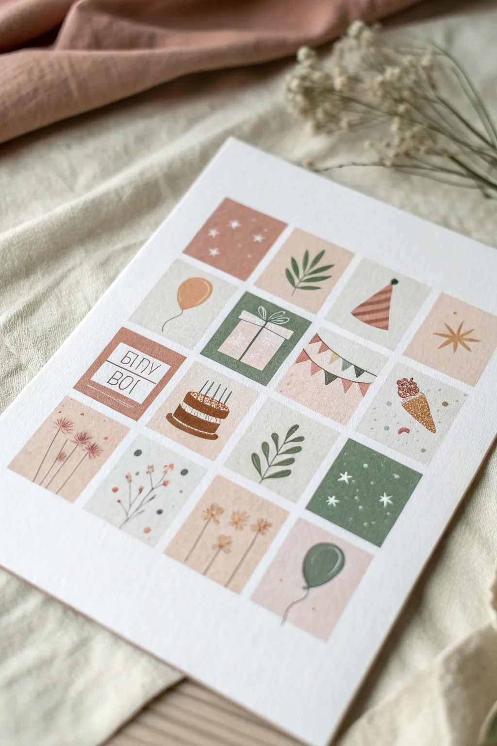Paint a sweet memory collage: mini birthday icons in a minimalist watercolor grid