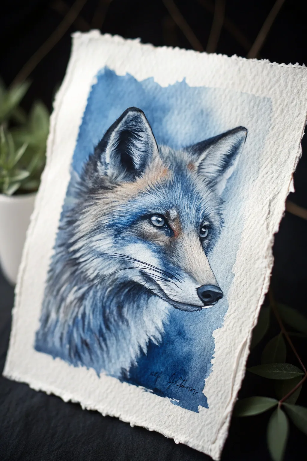 Moody black-and-blue animal portrait with deep indigo layers and bold, inky shadow contrast.