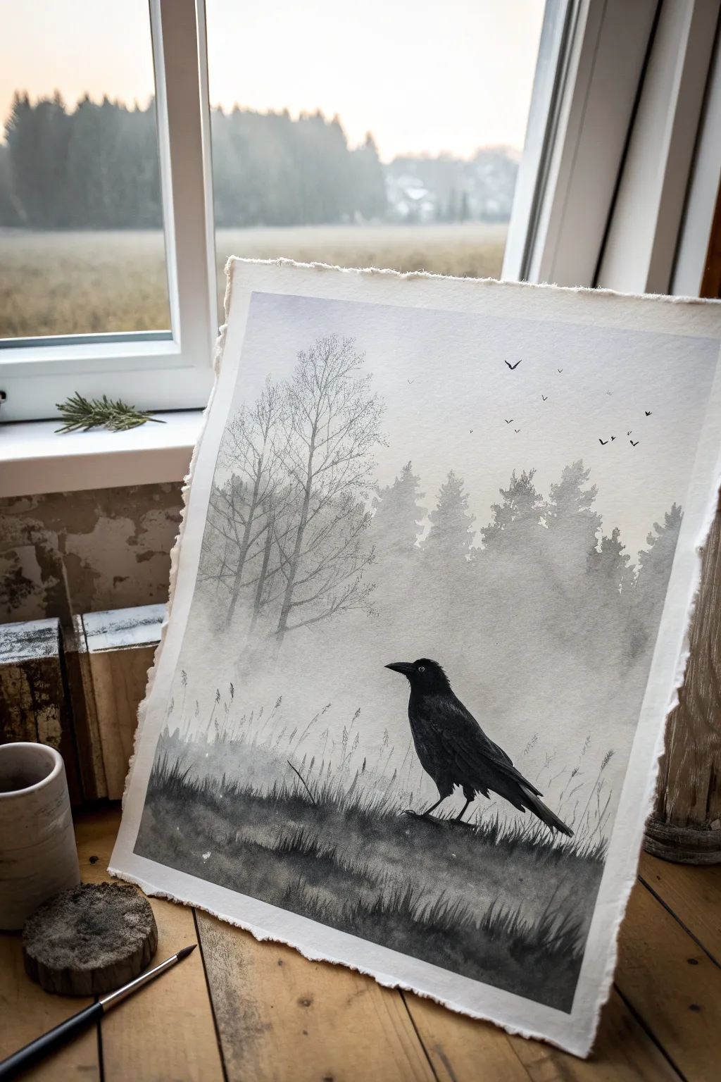 Smoky grey wash and a crisp black silhouette for an elegant minimalist black and grey painting idea