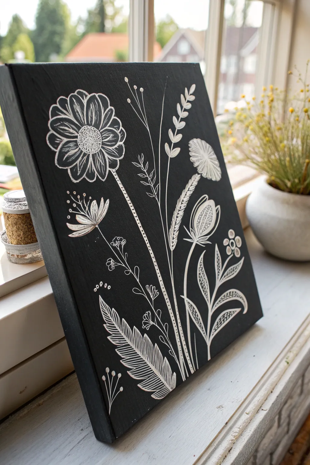 Deep black textured canvas with delicate white scratch florals, minimalist boho contrast study