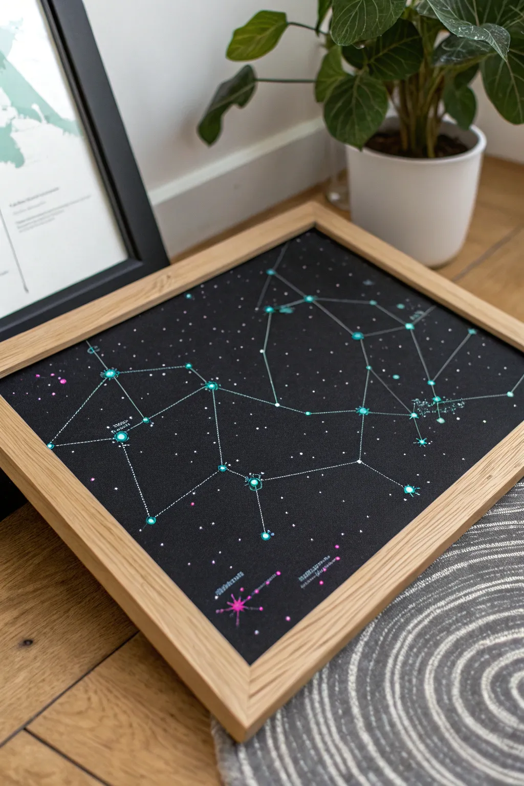 Glow in the dark constellation star map with minimalist UV dots and fine lines on deep black