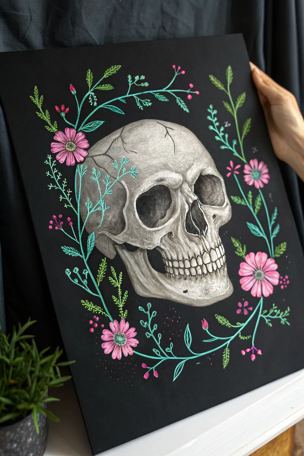 Fluorescent skull with neon botanicals glowing under black light, minimalist and moody.