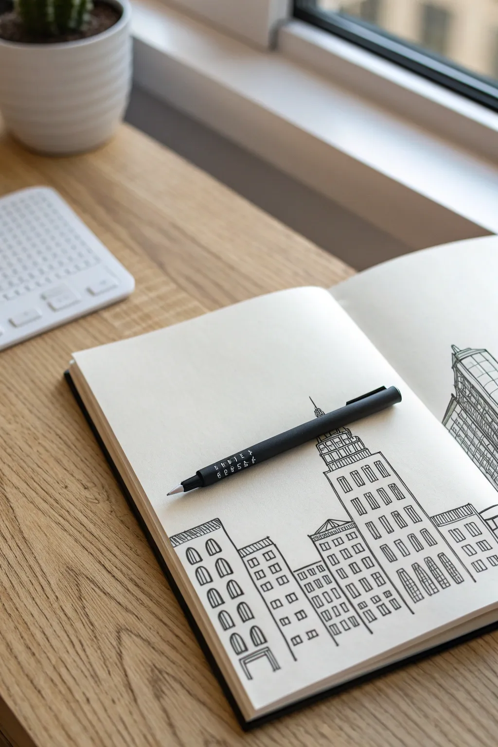 Minimal black marker skyline with bold block shadows, a chic architectural drawing idea.