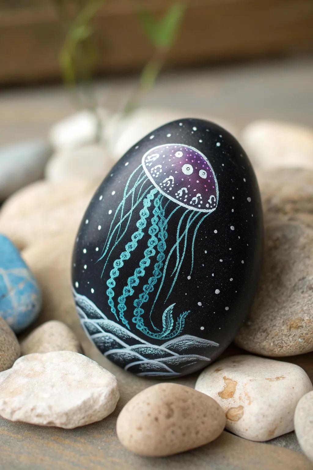 Bioluminescent jellyfish and bubbles glowing in teal and purple on a sleek black rock