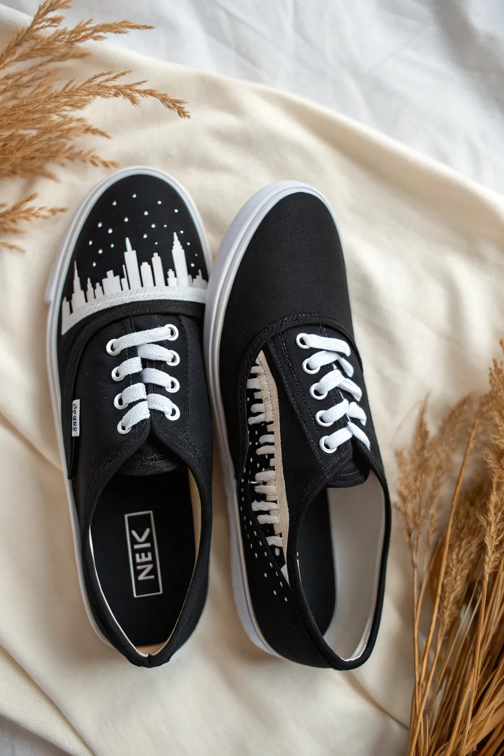 Minimal black sneakers with crisp white skyline details for a chic monochrome city vibe