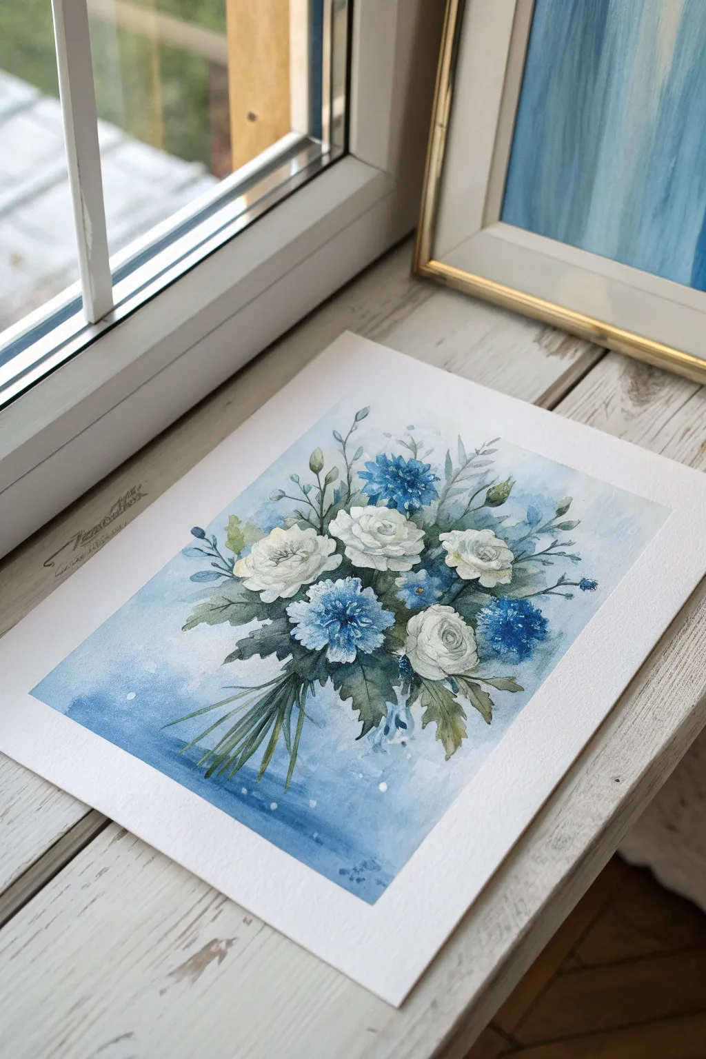 Loose blue florals with crisp white highlights, a calming acrylic bouquet in minimalist Scandinavian style