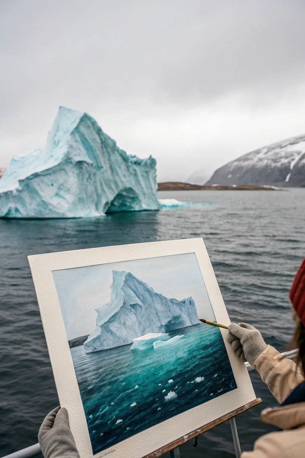 Practice icy blue-greens with a faceted iceberg study and moody Arctic water.