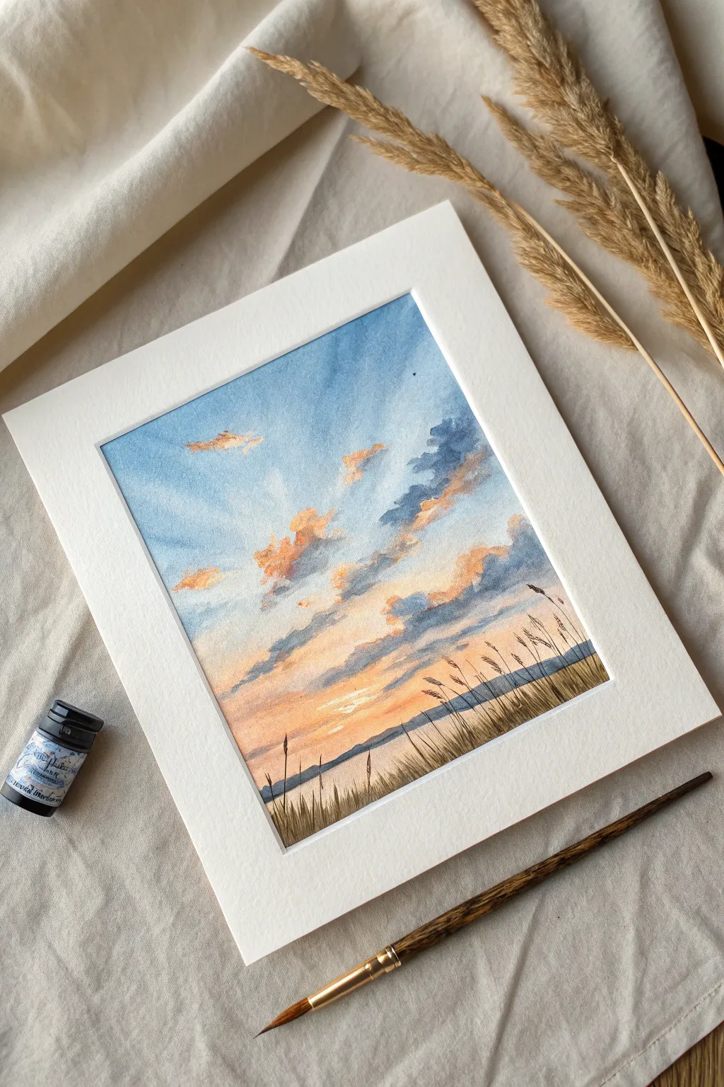 Golden hour blue sky study with peach-lit cloud edges in a calm, minimalist watercolor style