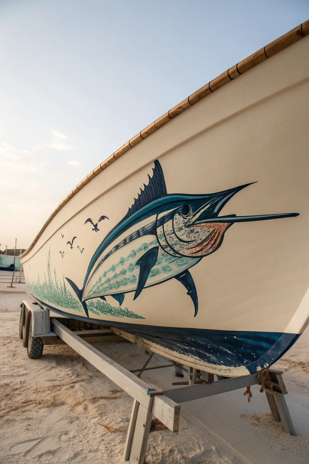 Marlin side mural sweeping bow to stern, crisp contrast on a minimalist hull in soft coastal light.