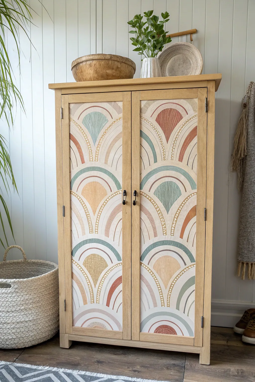 Hand-painted rainbow arches bring soft boho charm to a minimalist cabinet front.