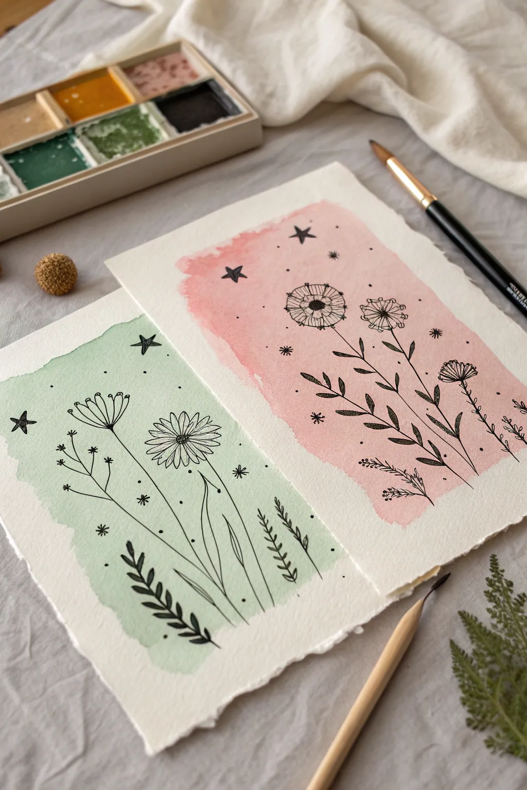 Easy boho ink doodles over sage and blush paint blobs, minimalist and Pinterest-ready