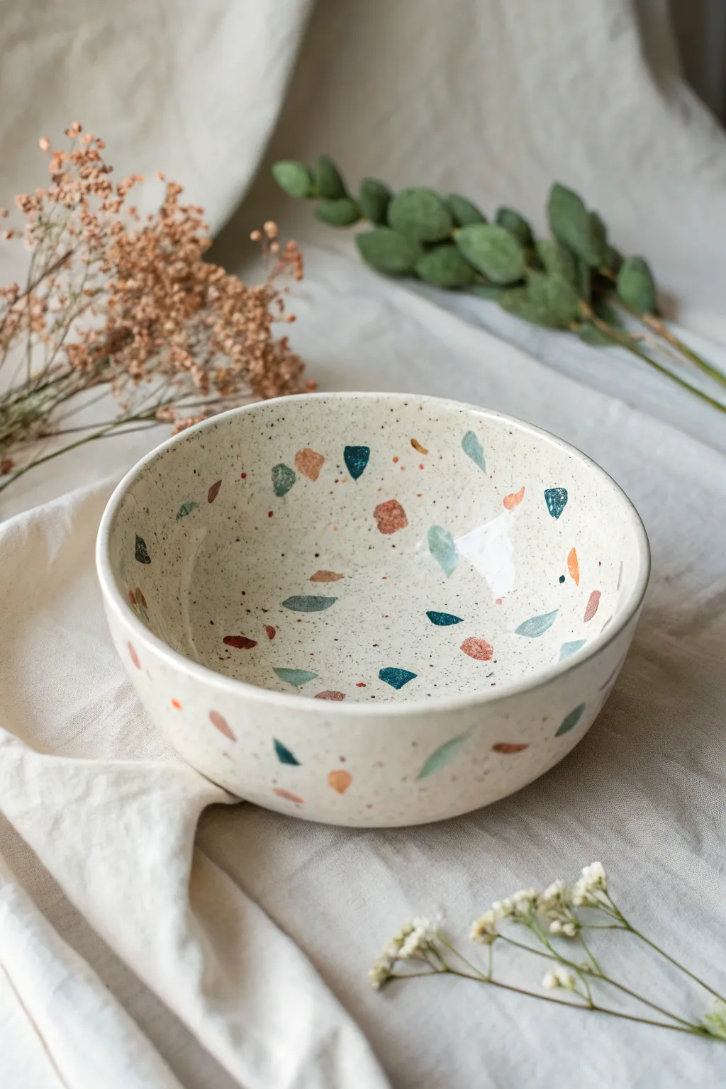 Terrazzo confetti speckles turn a simple bowl into a minimal, boho-inspired statement.