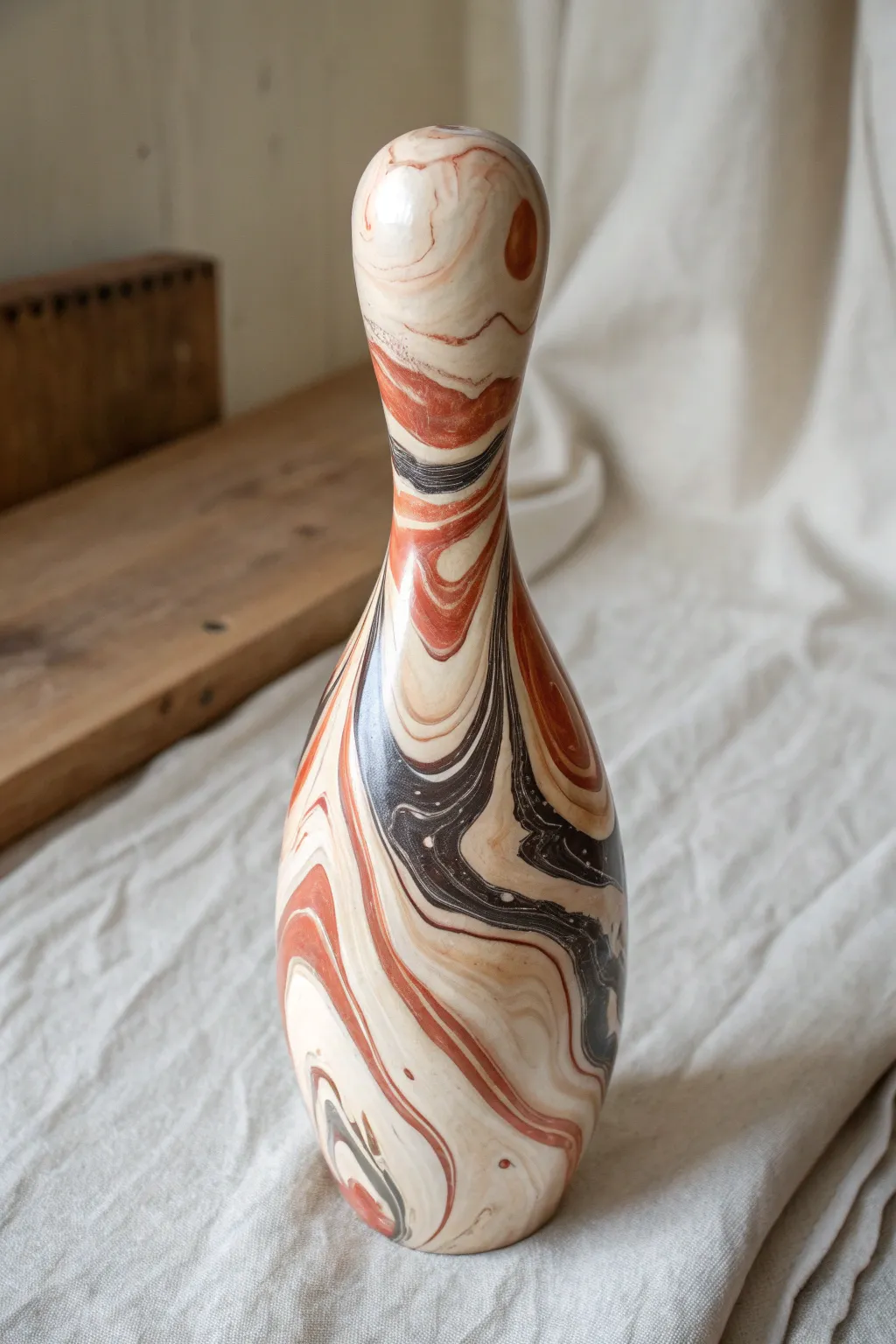 Glossy marble swirl bowling pin with soft boho tones, clean contrast, and visible pour drips