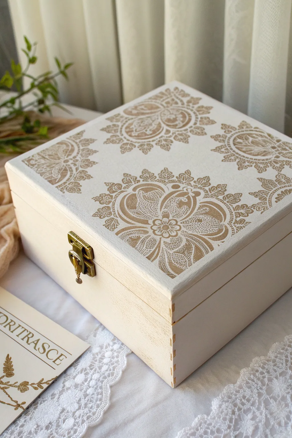 Vintage lace stencil texture on a minimalist box lid, soft boho details and crisp contrast