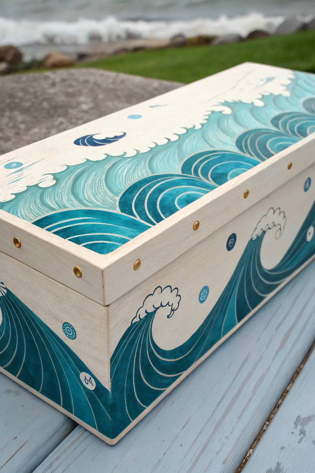 Painted wave box with bubbling details wrapping the sides for calm coastal minimalist style