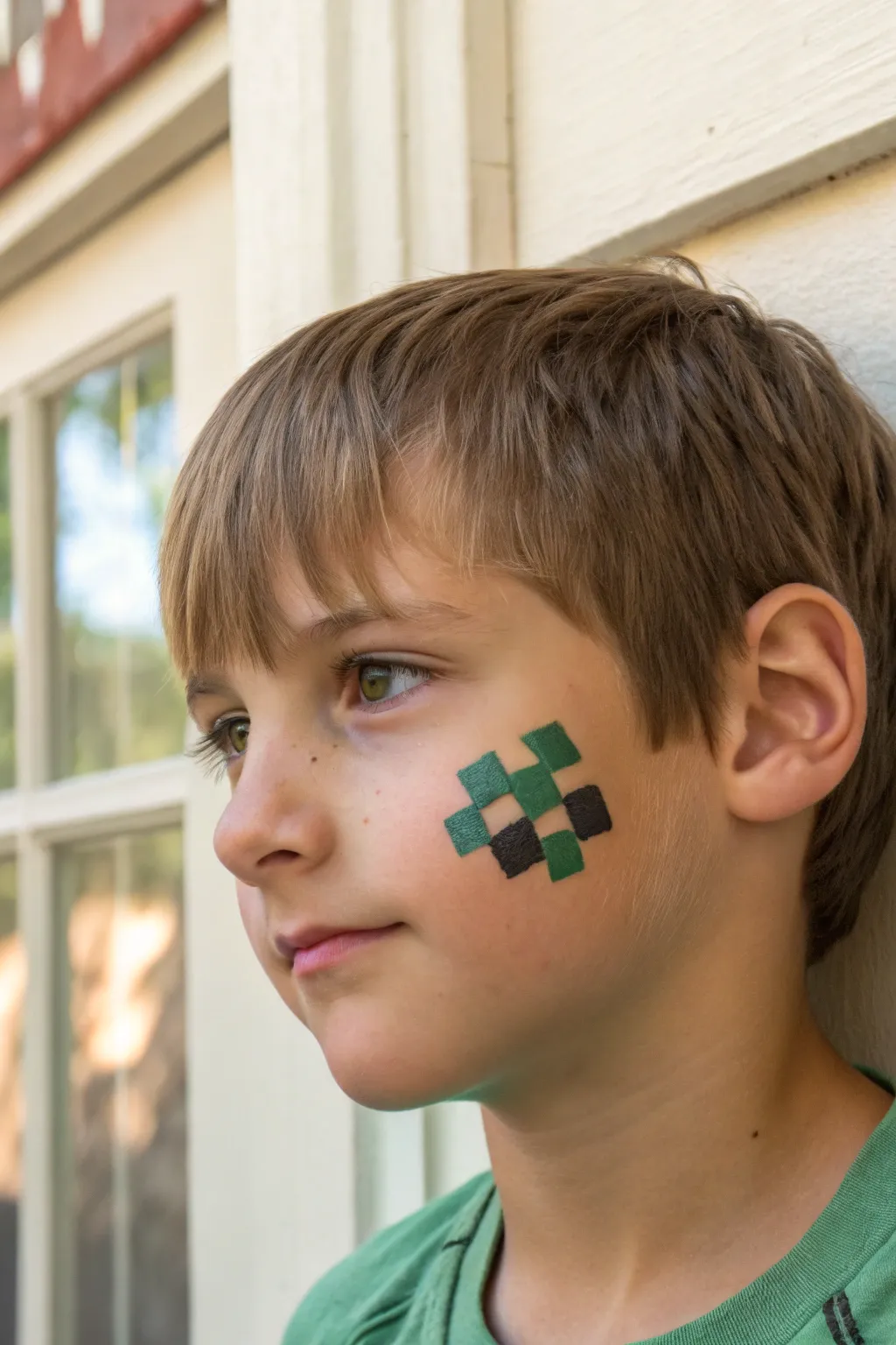 Pixel block game face paint for boys, crisp green and black squares in a clean minimalist portrait