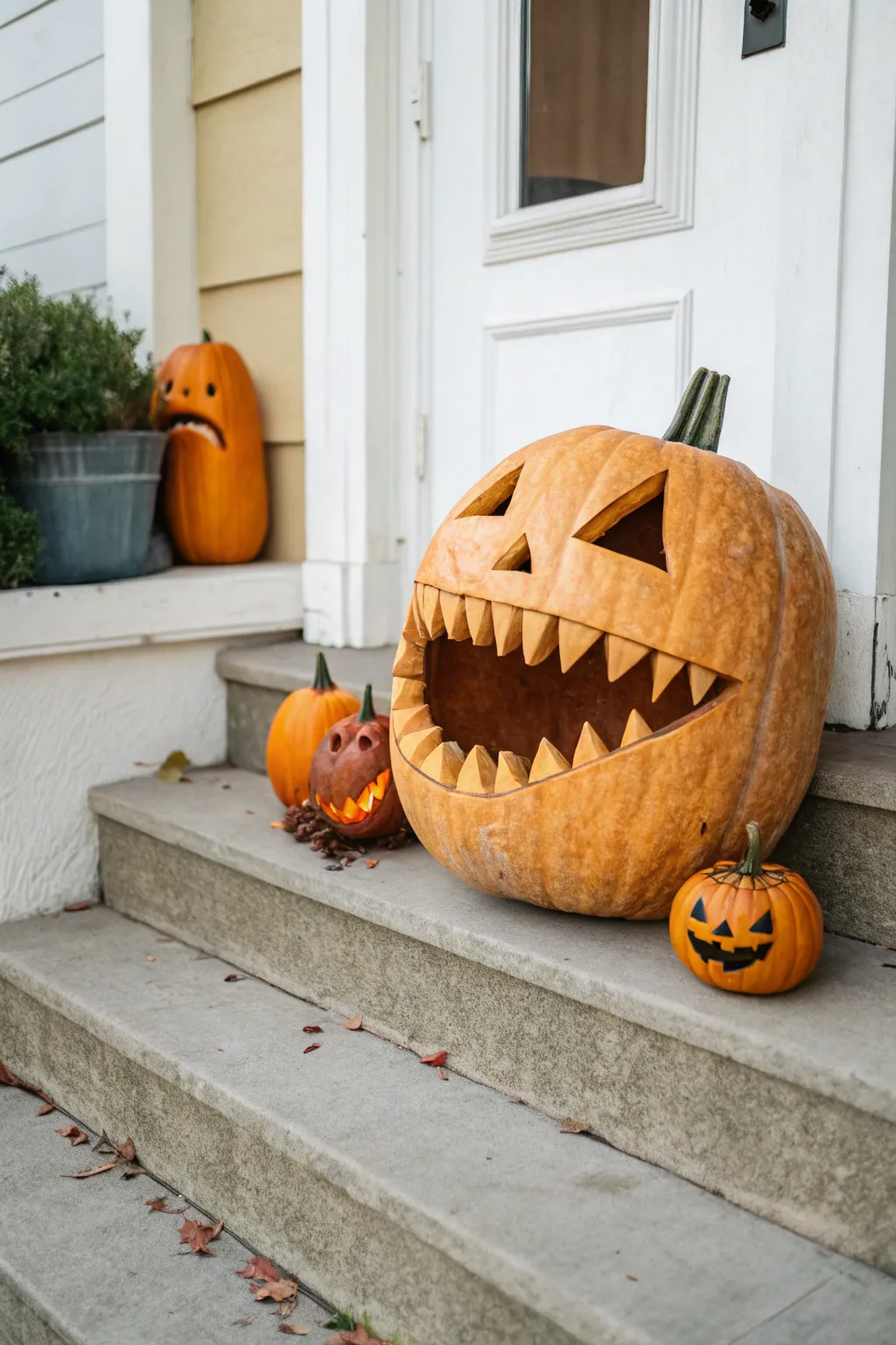 Mischievous chomping pumpkin duo on a minimalist porch, perfect for playful fall decor